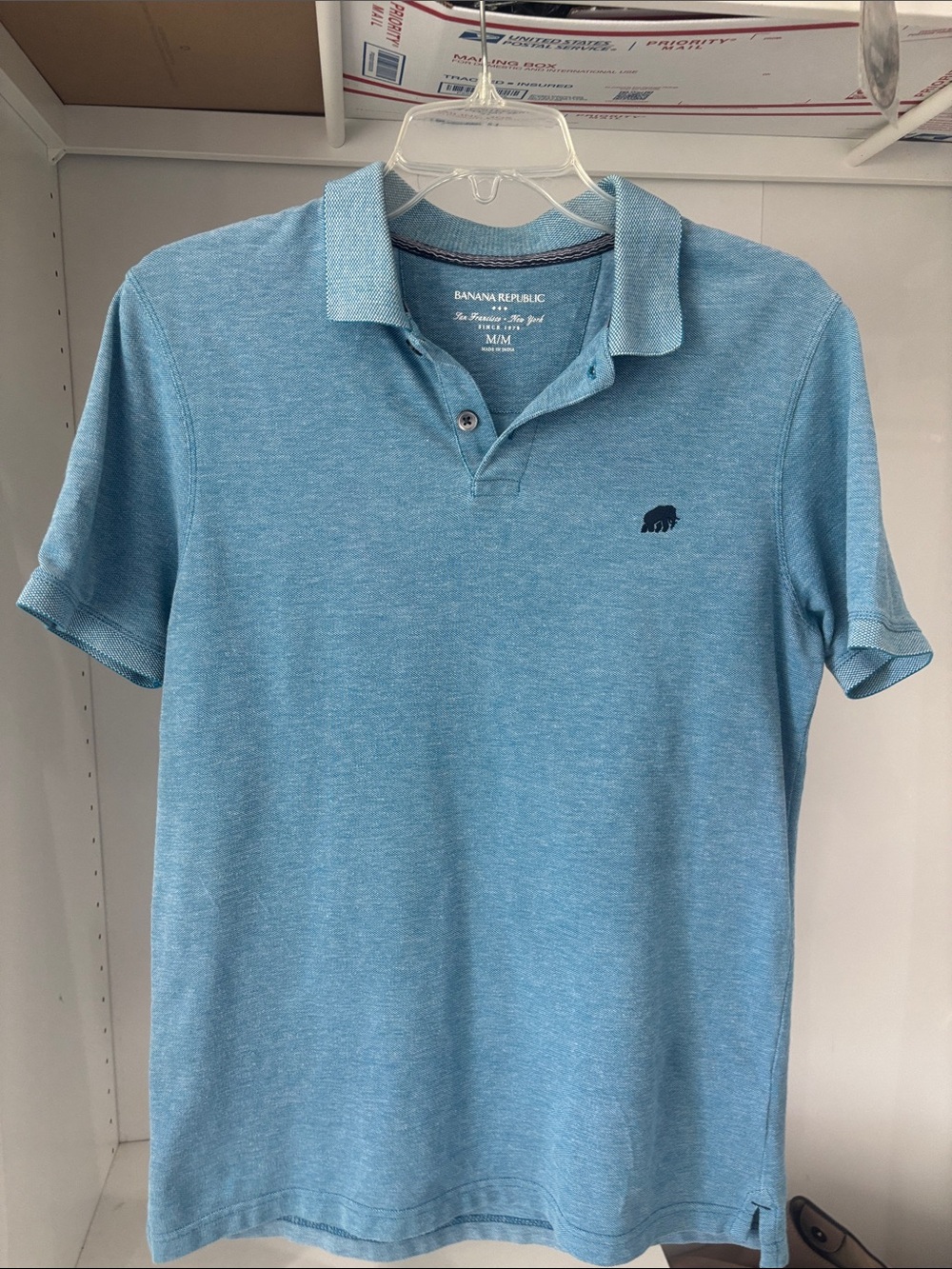 Banana Republic Light Blue Heather Polo with Navy Bear Logo